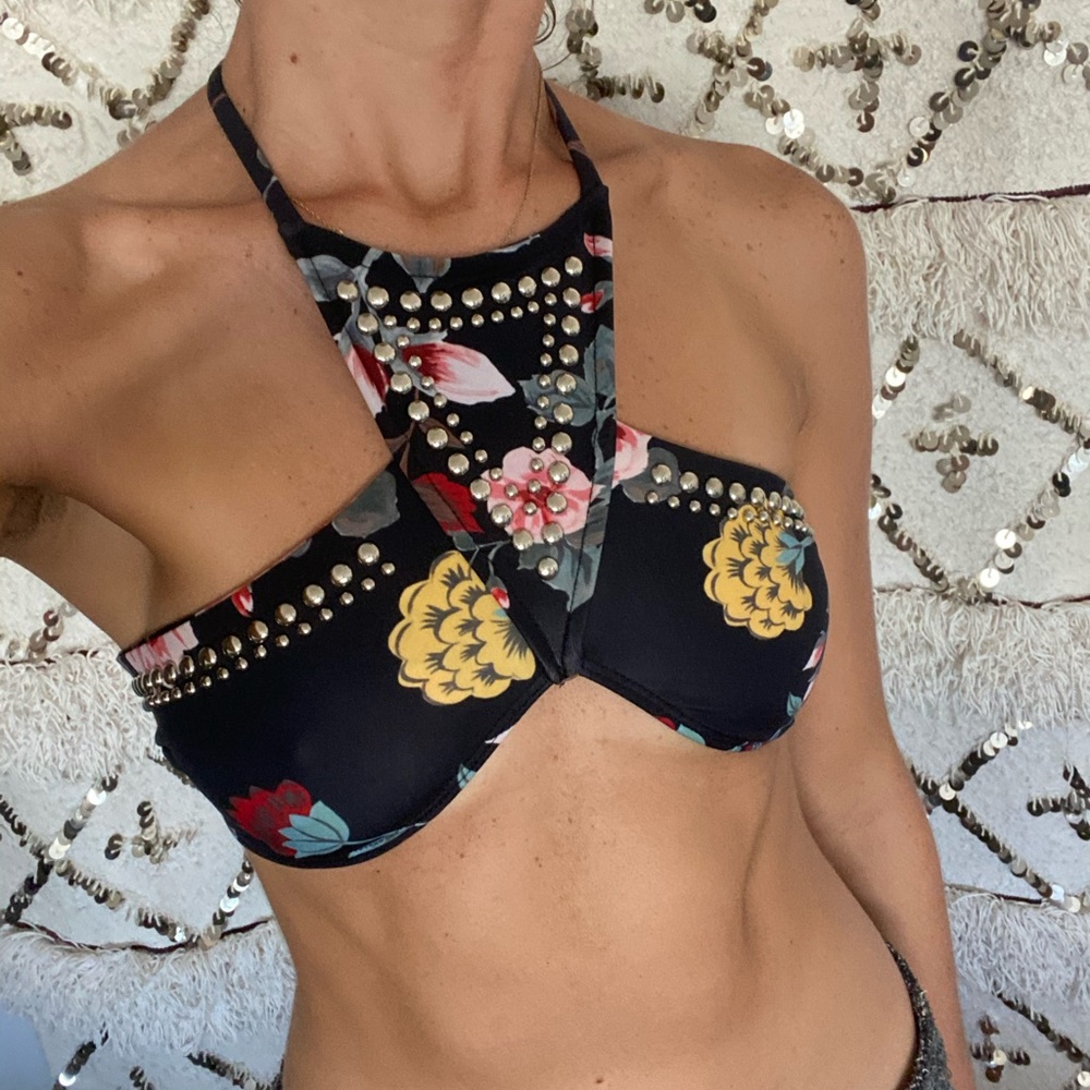 Beach riot floral silver studded swim top